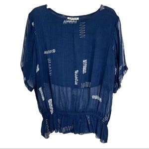 Vintage Izzi Half Sheer Printed Short Sleeve Blouse in Navy Women’s Sz 50 (US L)